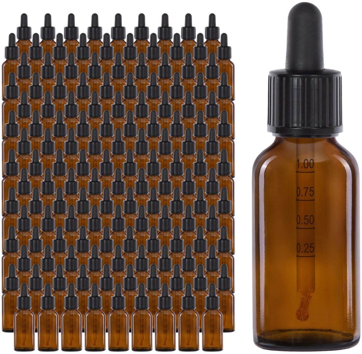 Oputec 143x 30 ml pipetflesjes van bruin glas – doseerflesjes met glazen pipet met schaalverdeling