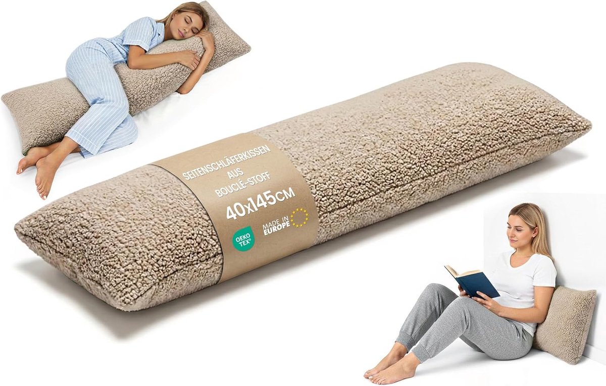 40x145 cm afneembare hoes – ergonomisch lichaamskussen body pillow voor zijslapers Bouclé zacht ademend vormvast – OEKO-TEX gecertificeerd Beige