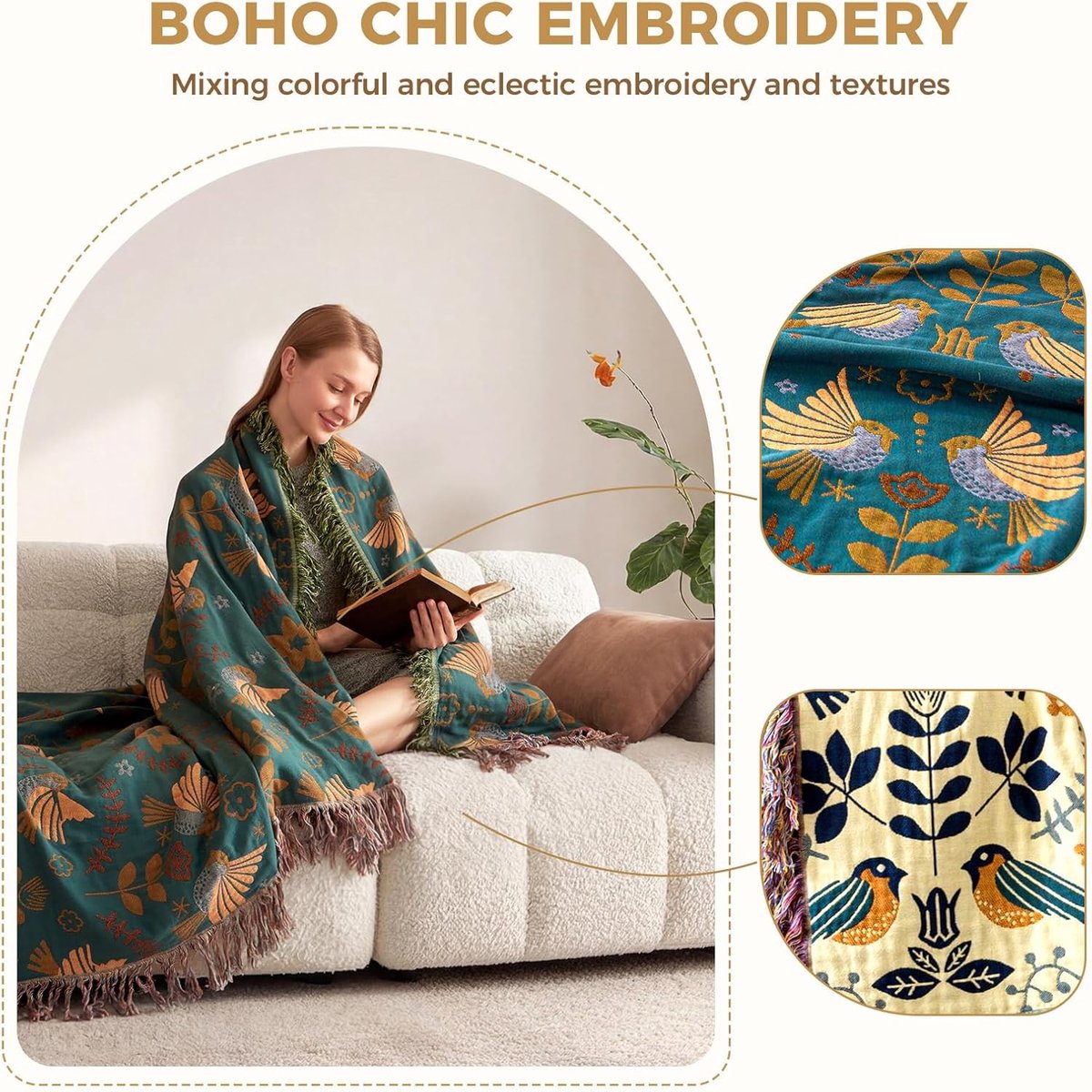 Sofa plaid - Bedsprei - bank deken - Deken - Vogel- en bloemenprint - 150×200cm - Katoen - Groen — cadeau in Wonen & Interieur - foto 7