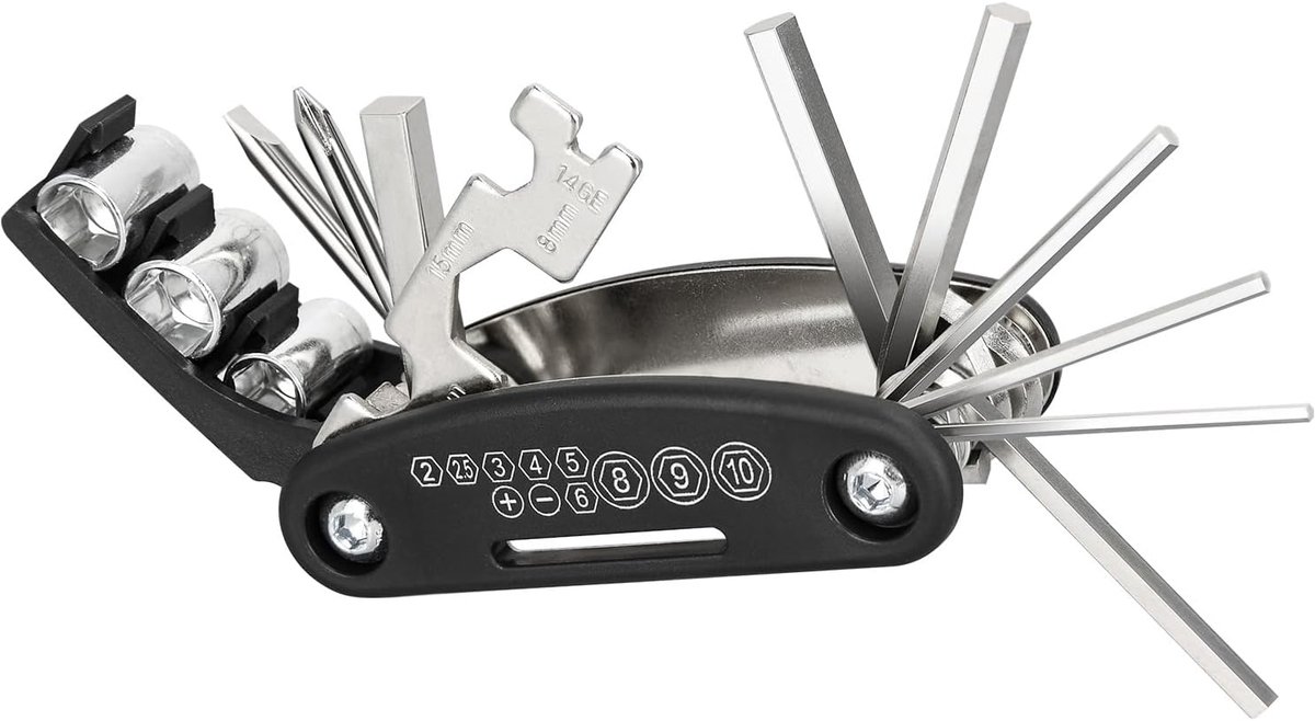 Multitool voor de fiets, 16-in-1 fietsmultitool, fietsreparatietool, draagbare en inklapbare multitool voor fietsers
