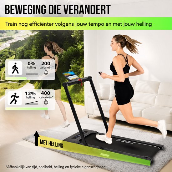 Vrouw op loopband, met weergave van hellingshoek (0% en 12%) en calorieverbruik (200 en 400 kcal).