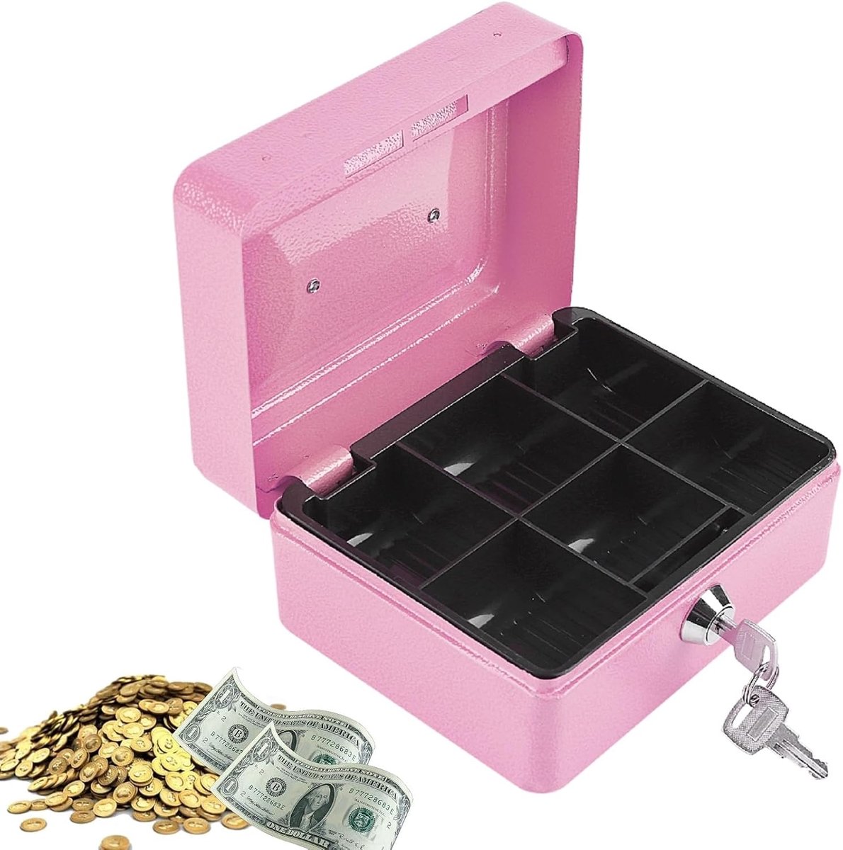Cash Box Mini Veiligheidsbox - Roze Staal - 6 Compartimenten - Voor veilige opslag van geld en sieraden - ShopVlot