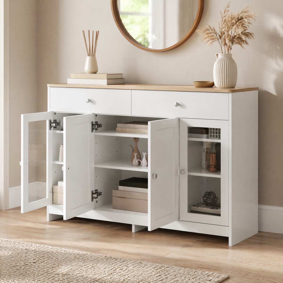 COVREO Dressoir 120x37x80 cm wit en houtkleur, 4 deuren 2 lades