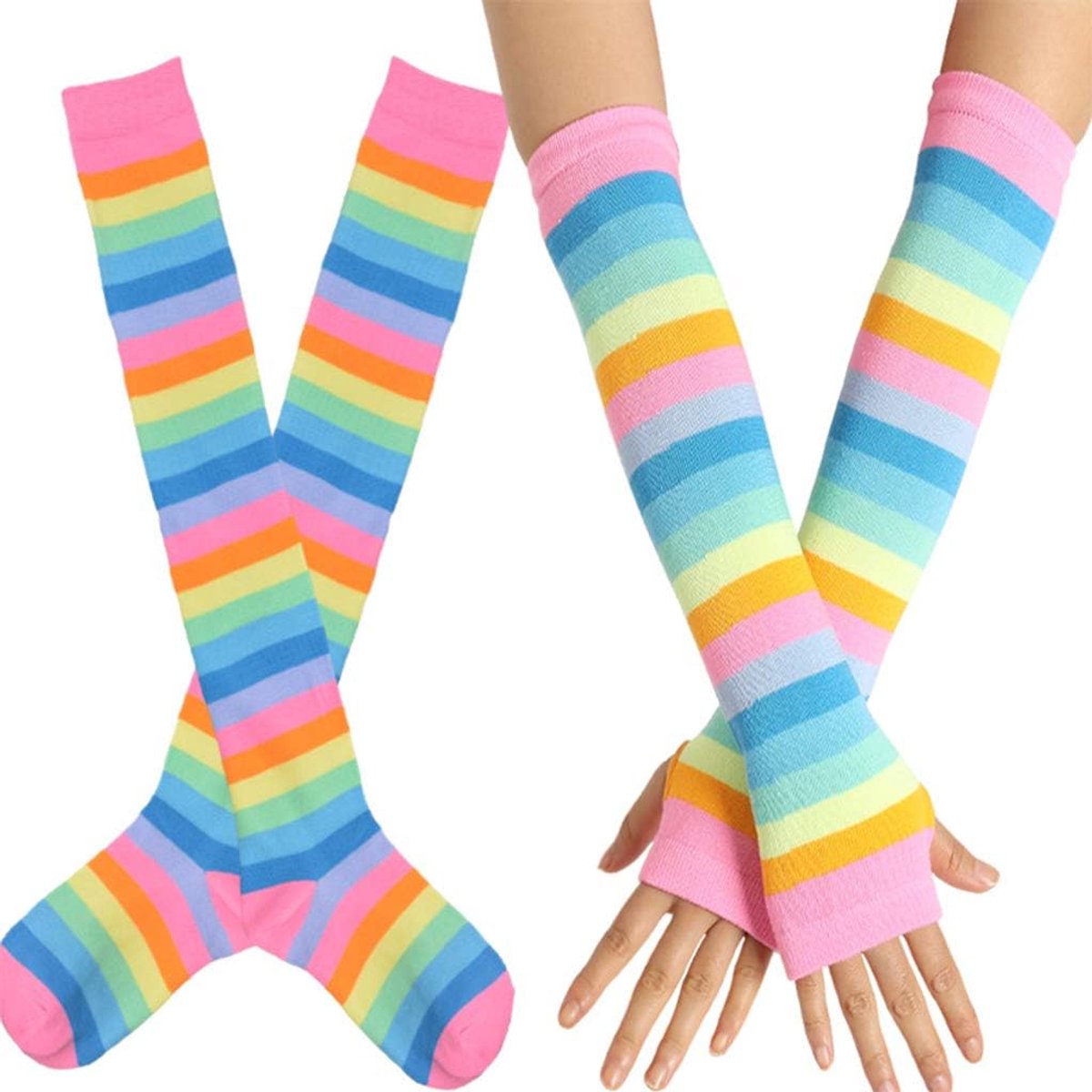 JOYKK Womens Rainbow Stripes Over Knee Thigh High Socks Arm Warmer Fingerless Gloves Set Fancy Dress Masquerade Party - ShopVlot