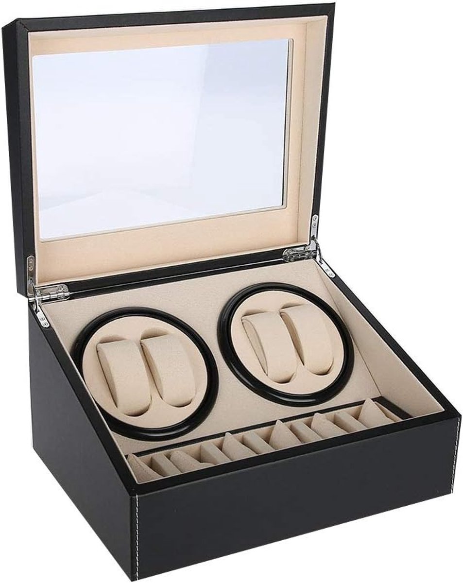 SnelShoppen - Horloge Winder voor 4 Automatische Horloges met 6 Vakken, Horloge Doos, Stille Motor, Meerdere Rotaties, 24 x 18 cm, Zwart
