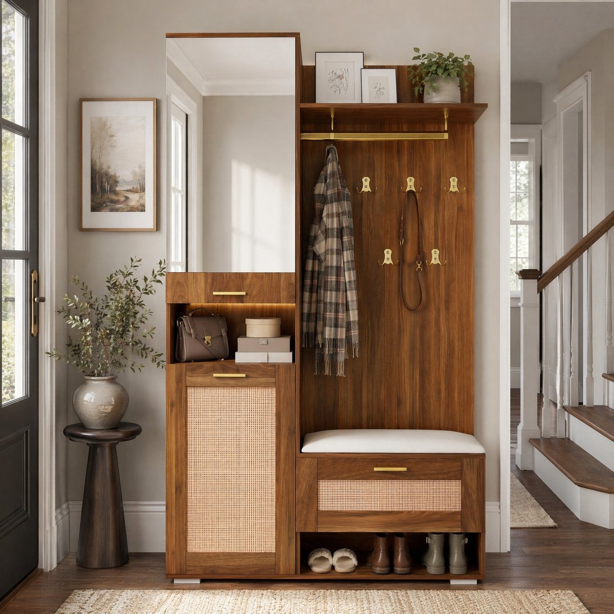 COVREO Halmeubel 110x38x190 cm walnoot, MDF met spiegel en zitbank