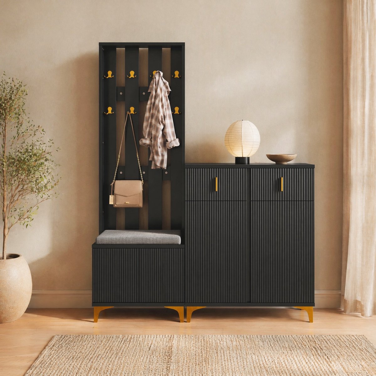 COVREO Garderobeset 143,5x35,2x180,5 cm zwart, spaanplaat met schoenenbank
