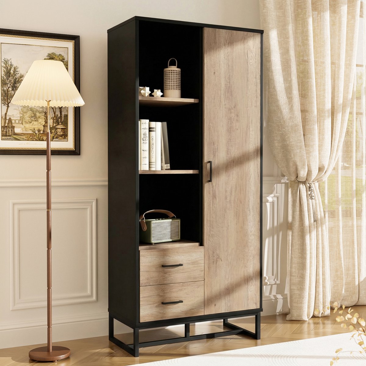 COVREO Buffetkast 80x40x180 cm zwart, MDF met 2 lades en 3 open vakken