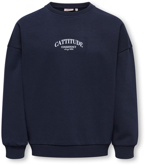 Donkerblauwe sweater met witte opdruk 'CATTITUDE CONSISTENCY always WINS'.