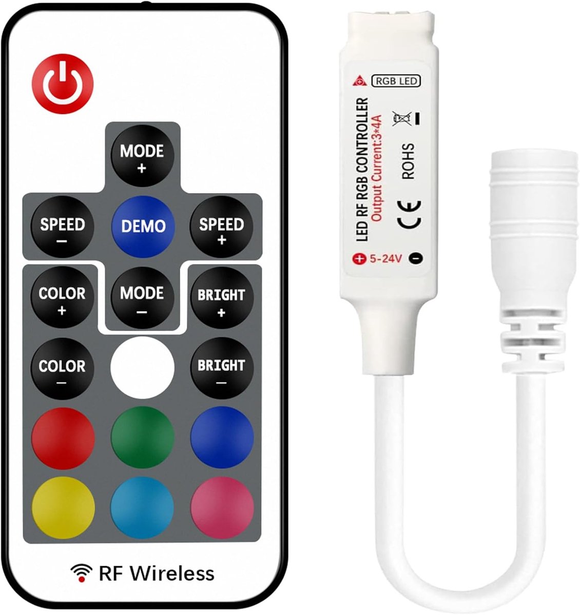SnelShoppen - RGB LED Controller 12A met 17-toetsen RF Draadloze Afstandsbediening voor 5050 3528 LED Strip Verlichting - Dimmer - 20 Kleuren - 9 Dyna
