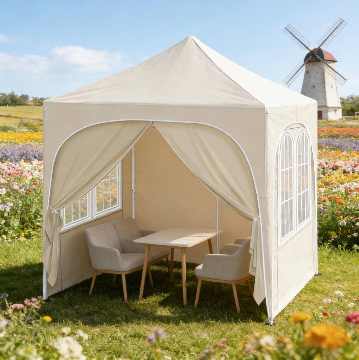 Paviljoen Partytent 2 x 2 m - Verstelbare Hoogte - Oxford Stof - Beige - Met Afneembare Zijkanten - Waterdicht