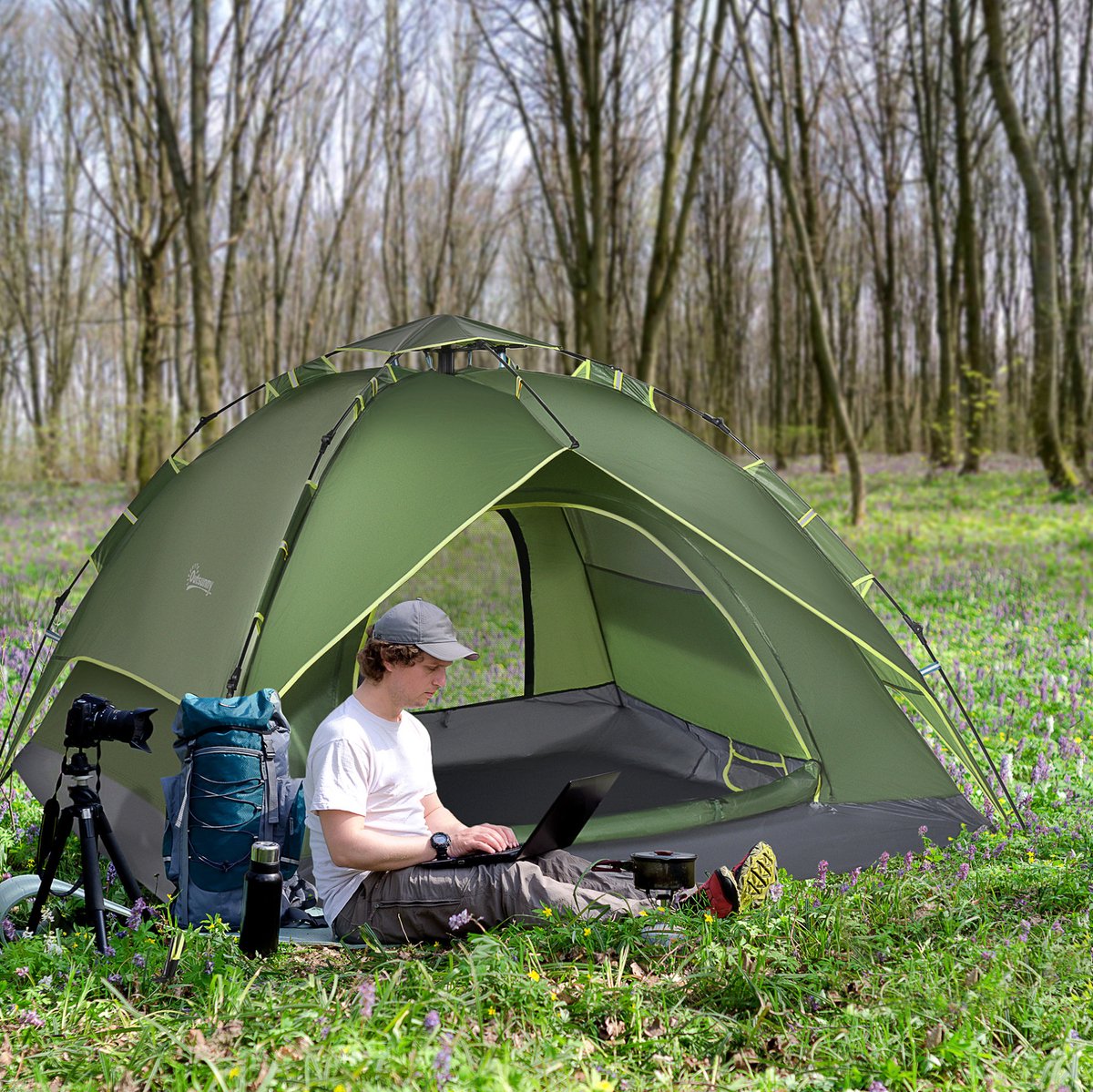 Kampeertent Koepeltent Voor 3 Personen - 210 x 210 x 140 cm - Polyester - Donkergroen - Vier Seizoenen