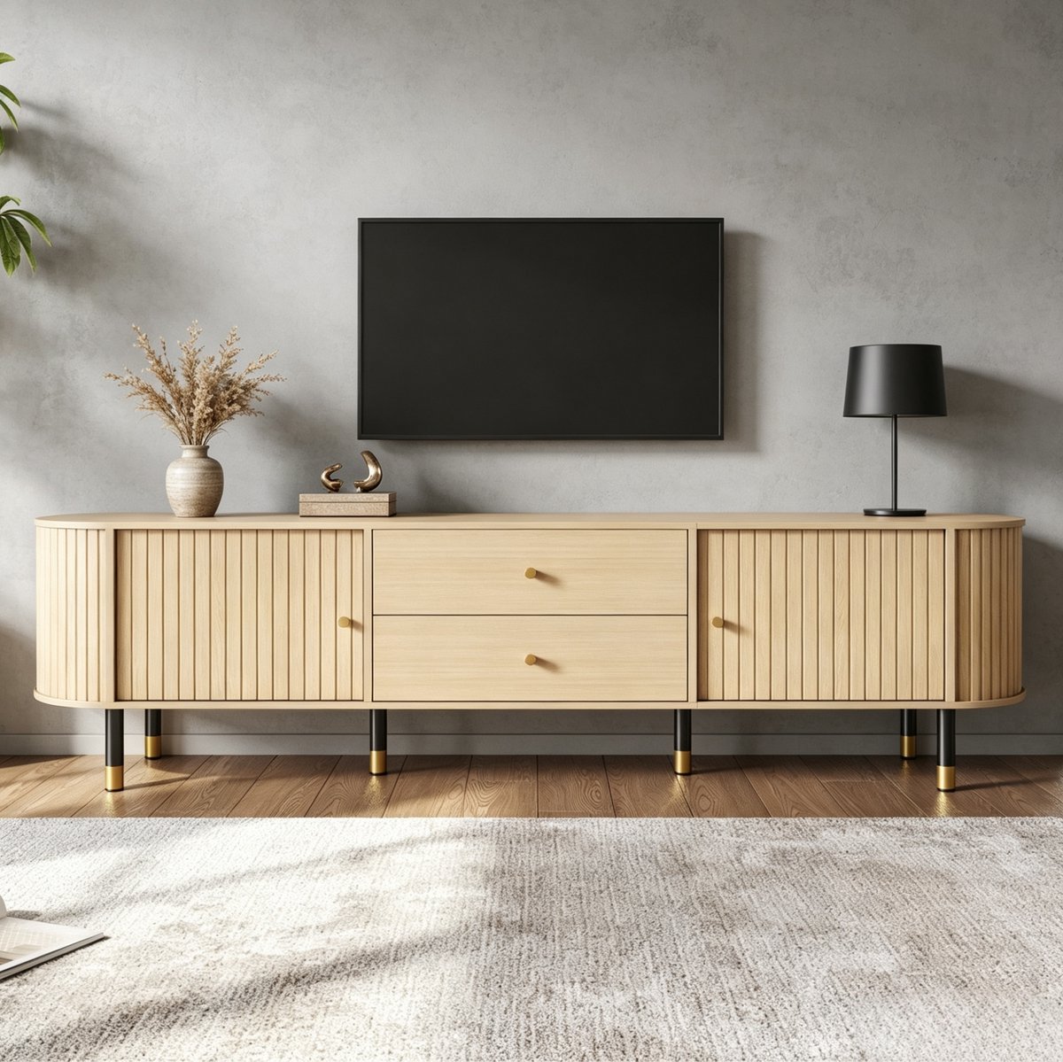 FloraGrace Dressoir - Tv-Meubel Met 2 Schuifdeuren En 2 Lades - Voor Woonkamer Of Slaapkamer - Hout En MDF - 180x40x58 Cm - Naturel