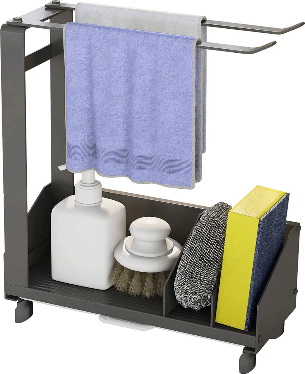 Keukenopbergset, bestaande uit een bestekmand, een afdruiprek met uitneembare lekbak en draaibare handgreep voor de vaatdoek, een keukenplank, een afdruiprek met haken en diverse opbergaccessoires.