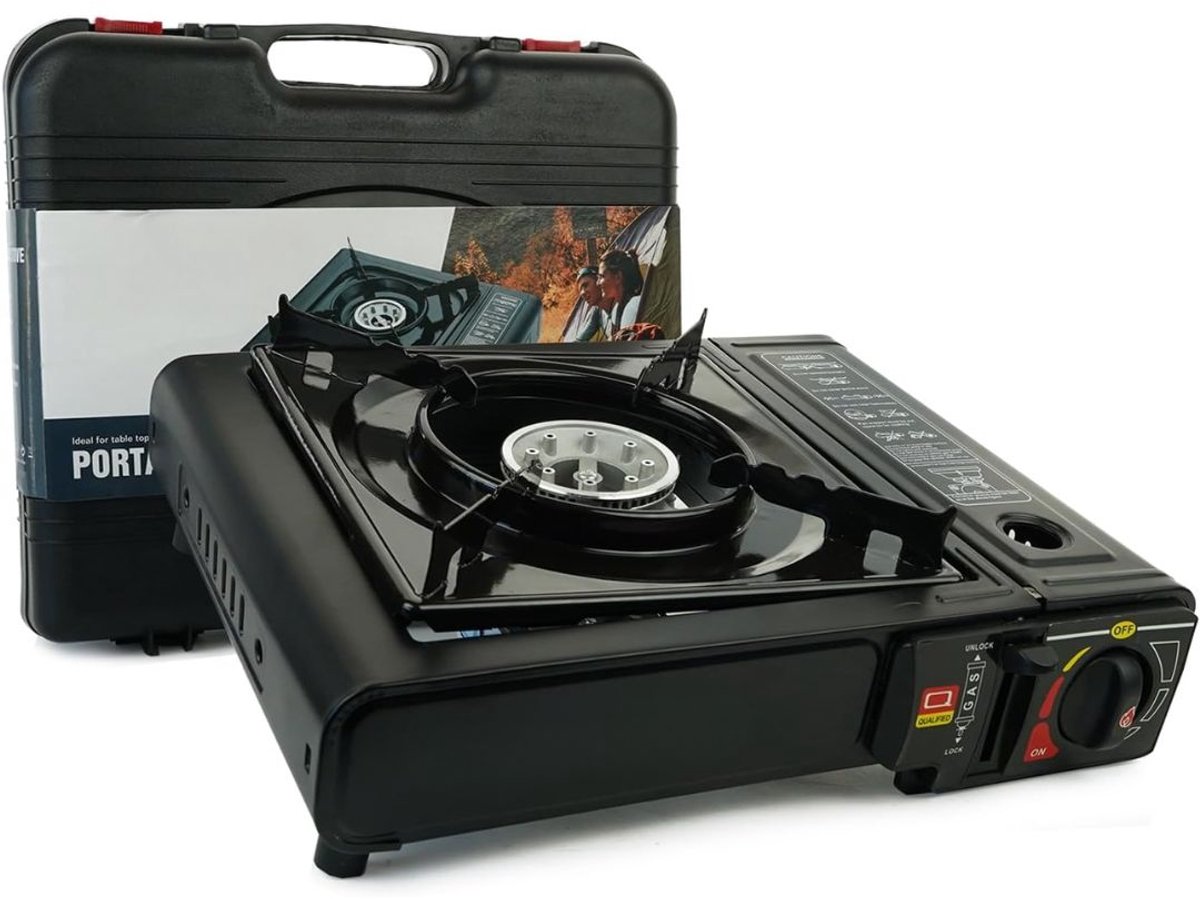 KIRA® Camping Gasstel - Gasstel - Kooktoestel Camping - Kookstel Gas Camping - Camping Gaspit - Zwart - ‎34cm x 26cm x 8cm