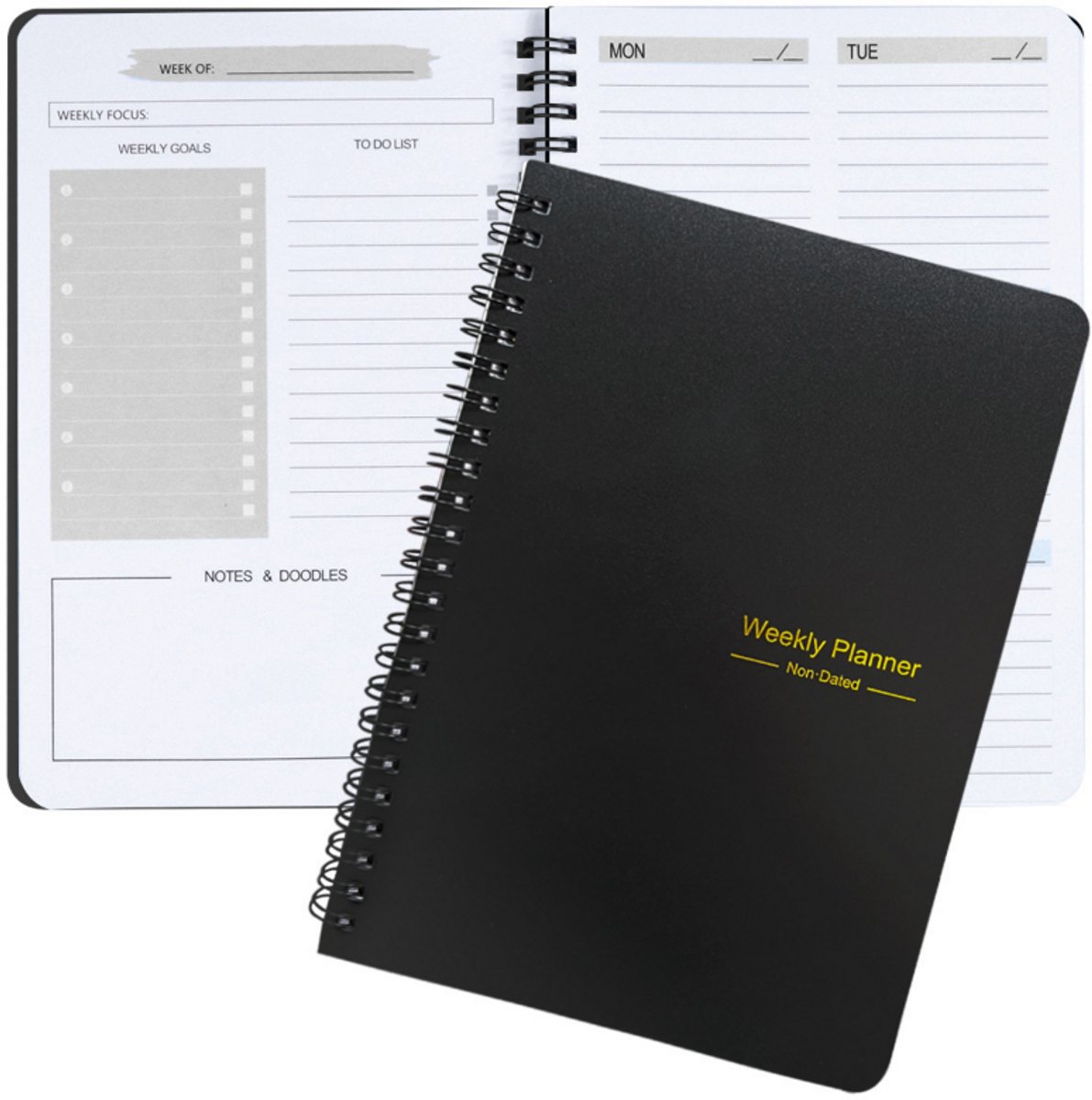 Bobypet - Undated Weekly Planner A5 - Weekplanner Zonder Datum met Habit Tracker & Doelen Organizer - Spiraal Notitieboek voor Werk, School & Studie - Zwart en grijs