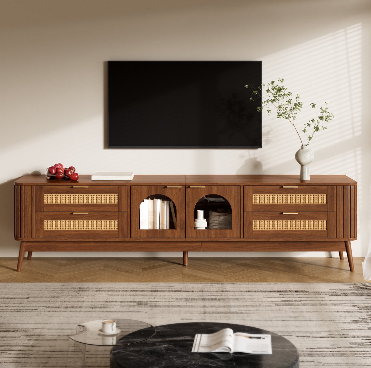 FloraGrace Dressoir - Tv Meubel Met 4 Lades En 2 Glazen Deuren - Met Ledverlichting Voor Woonkamer - Houtlook - 180x40x50 Cm - Walnoot