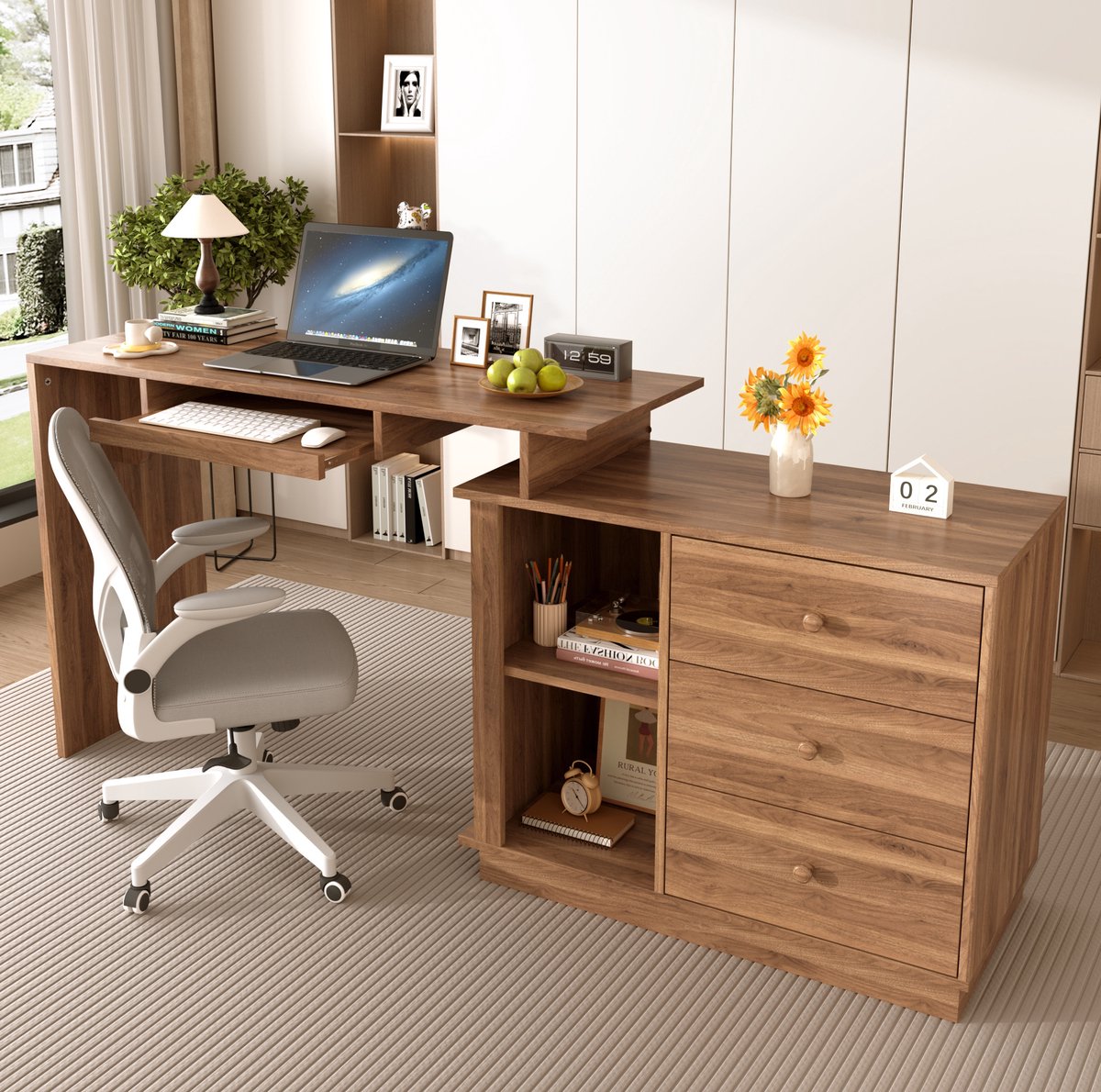FloraGrace Computerbureau - Uitschuifbaar Bureaublad Met Toetsenbordlade En 3 Lades - Voor Thuiswerk En Studie - MDF - 110x40x75,5 Cm - Walnootkleur