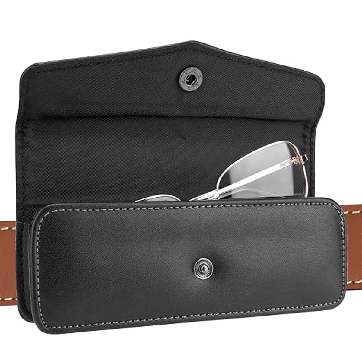LISM-Een brillenkoker met riemclip, een zwarte leren opbergtas Geschikt voor brillen, Geschikt voor leesbrillen met glazen op sterkte.
