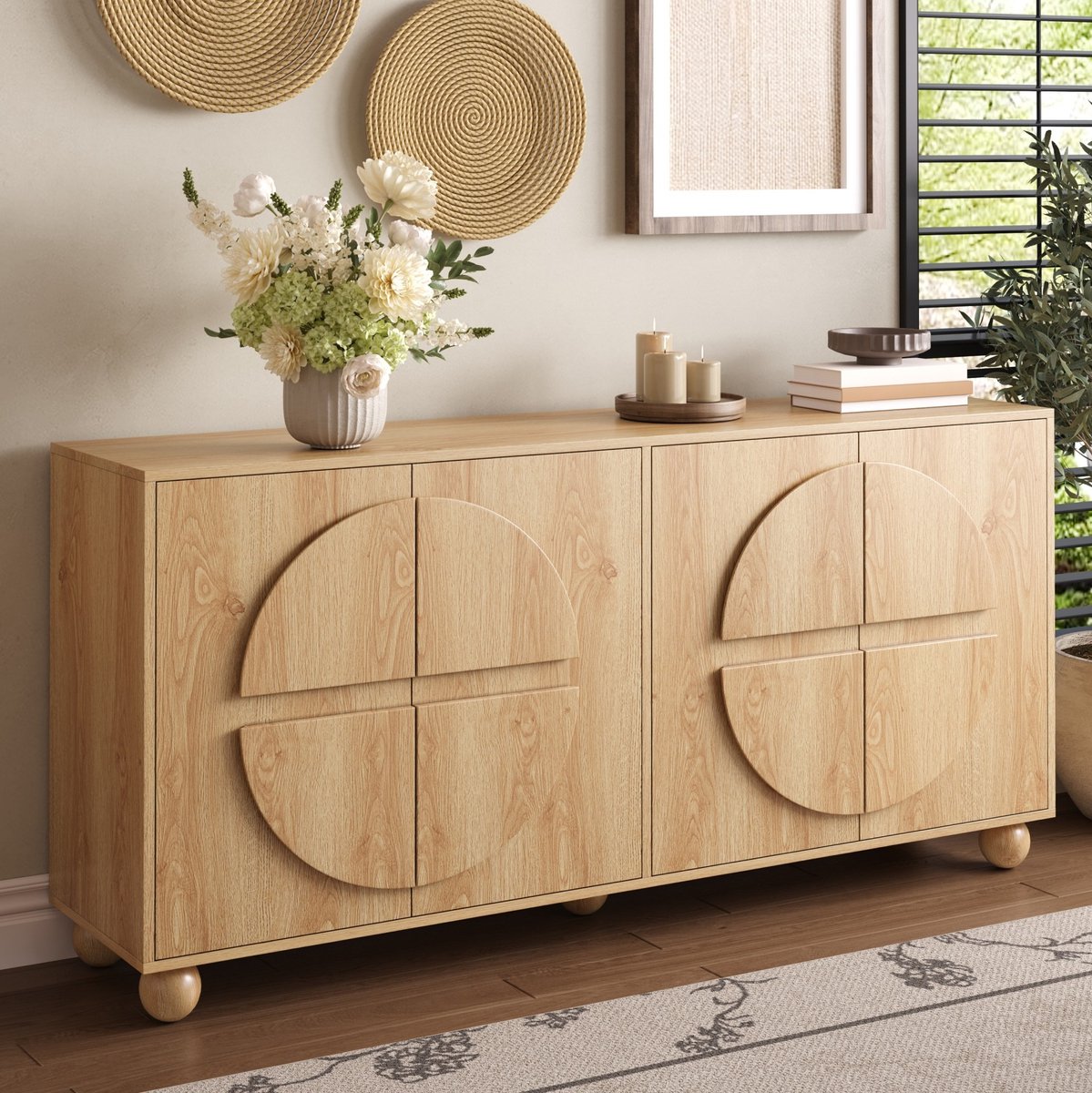 FloraGrace Dressoir - Vierdeurs Opbergkast Met Verstelbare Planken - Voor Woonkamer Hal En Eetkamer - MDF En Grenenhout - 160x38x76 Cm - Naturel