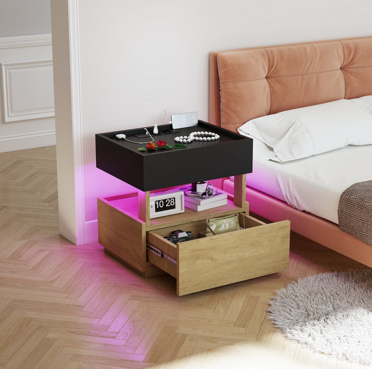 FloraGrace Nachtkastje - Met Draadloos Opladen, USB En LED-Verlichting - Voor Slaapkamer Of Naast De Bank - Hout - 50x40x50 Cm - Zwart Naturel