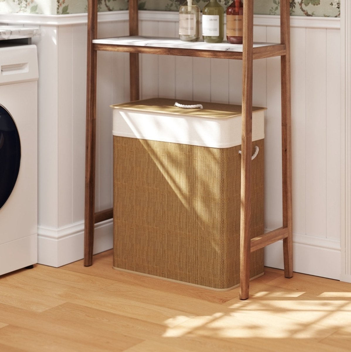 COVREO Wasmand 52x32x63 cm bruin, bamboe met deksel en uitneembare waszak