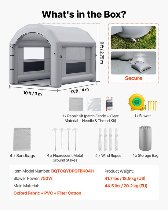 VEVOR Opblaasbare Spuitcabine 4x3x2,75 m Spuitcabine Verftent Grijs, met 750W Ventilator & Actieve Koolstoffiltratie, PVC Ramen, Gebogen Dak voor Fietsen, Motoren & Meubels, Draagbaar — afbeelding 3