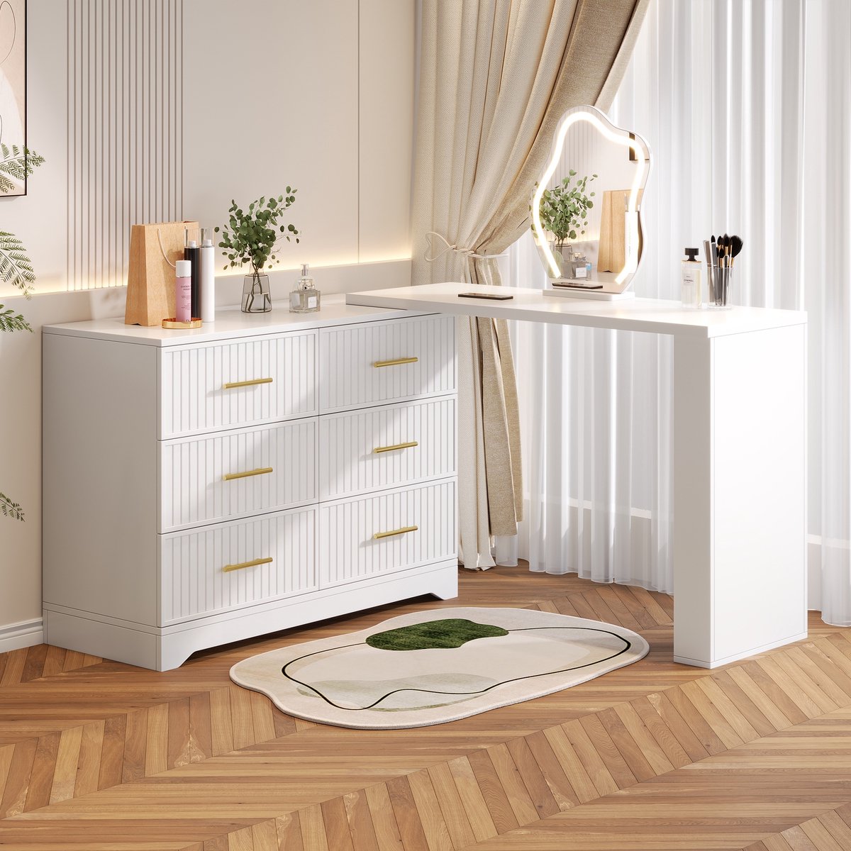 Sweiko Kaptafel - Hoekbureau - Uitschuifbaar blad - LED-spiegel - 6 lades - 110 × 40 × 129 cm - Wit