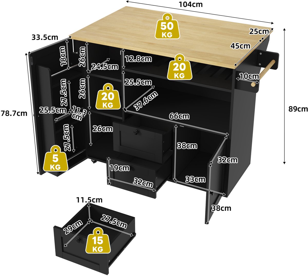 FloraGrace Keukenkast - Opklapbaar Werkblad En Ruime Opbergoplossing - Voor Keuken En Eetruimte - MDF - Natural Zwart - 104 Cm