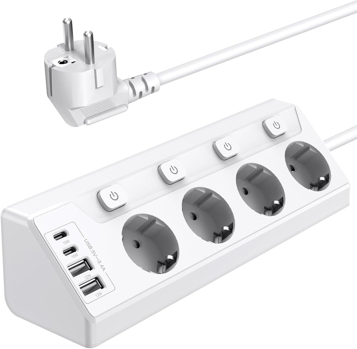 Hoekstopcontactblok met 4 USB (2 USB-C) + 4 aansluitingen, stopcontactblok individueel schakelbaar, stopcontact met kinderbeveiliging, 3680W, 2m verlengsnoer voor keuken, kantoor, huishouden