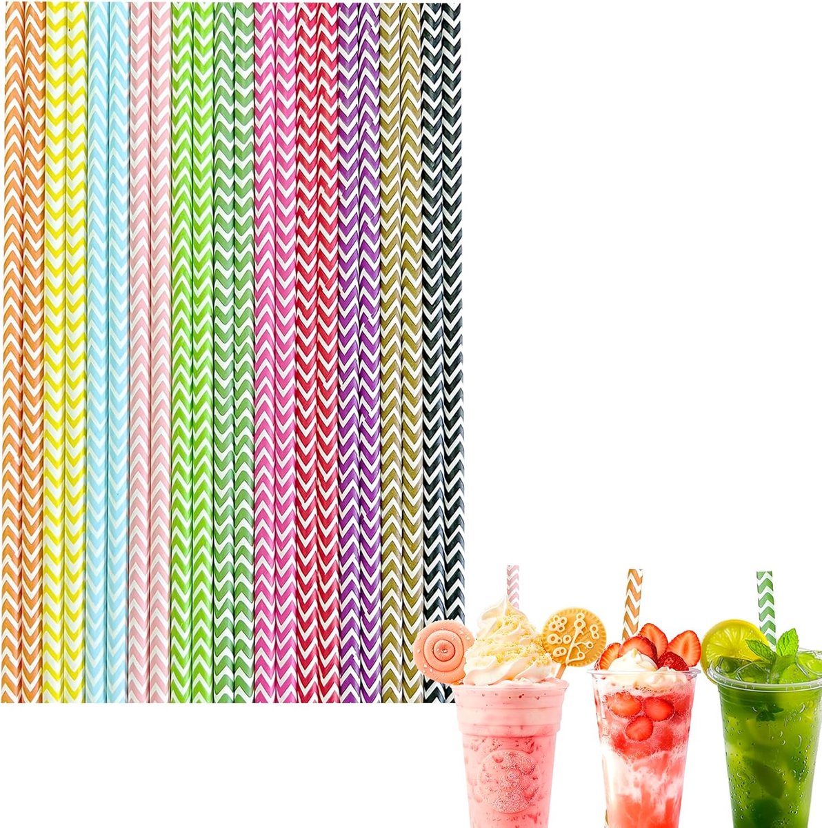 Rietjes voor knutselen, 8 inch 6mm boring biologisch afbreekbaar wegwerprietje, golfpatroon gekleurde papieren drinkrietjes koffie sap cocktailrietjes voor verjaardag bruiloft