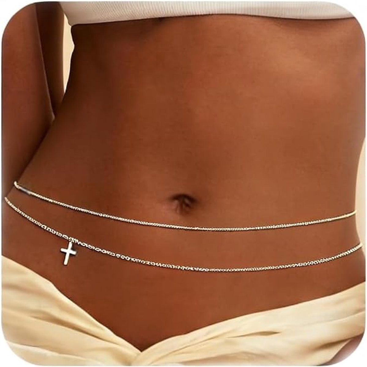 Buikkettingen goud voor dames, 18K verguld, verstelbare gelaagde lichaamsketting, Cubaanse taille kralen, gelaagde tailleketting met parels en kruis, zomersieraden