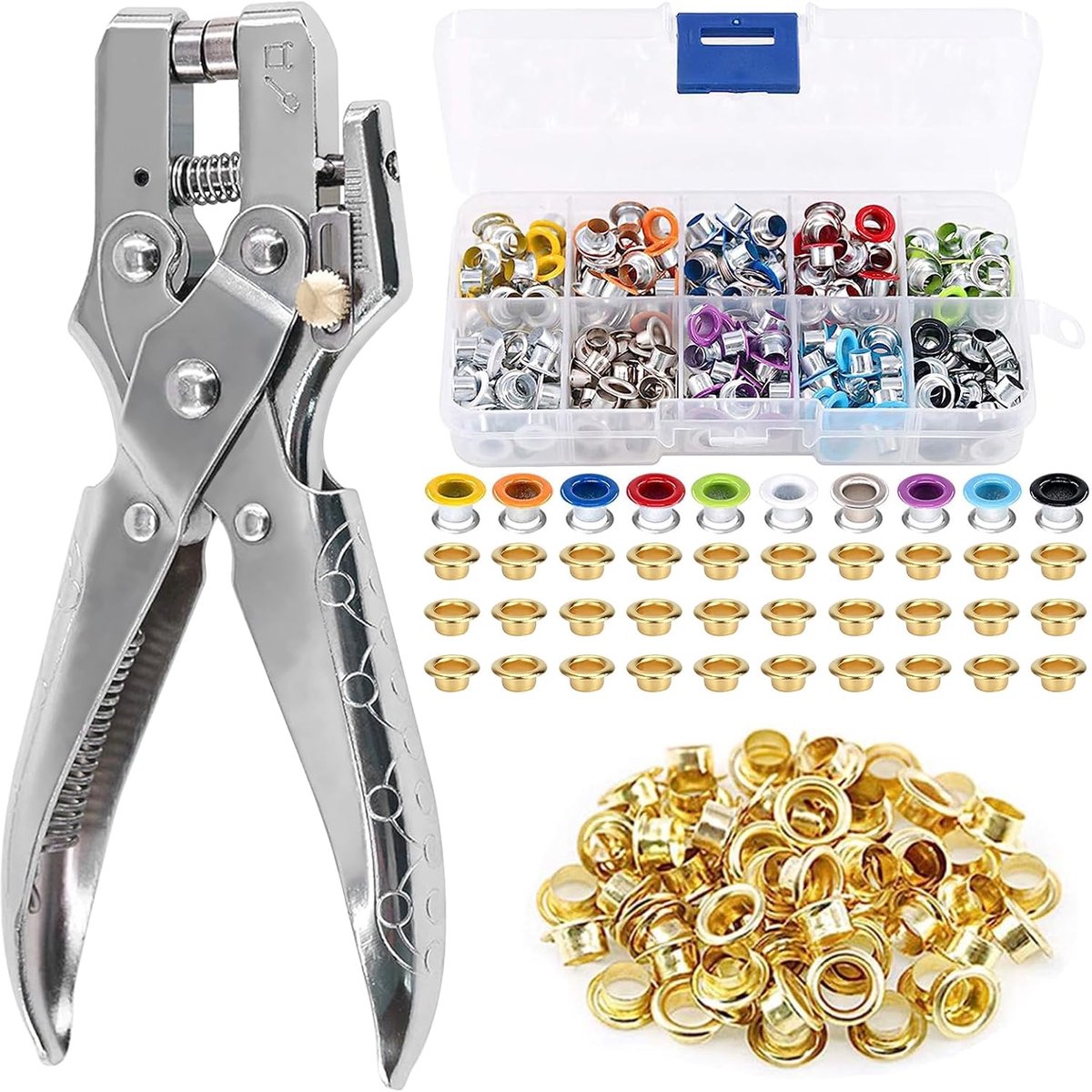 400 stuks oogtang set: ozentang set binnendiameter 4,5 mm, 100 sets oogjes goud + 300 kleuren oogjes, ozentang voor dekzeilen voor PVC-banners, tarpaulins, kaartleer