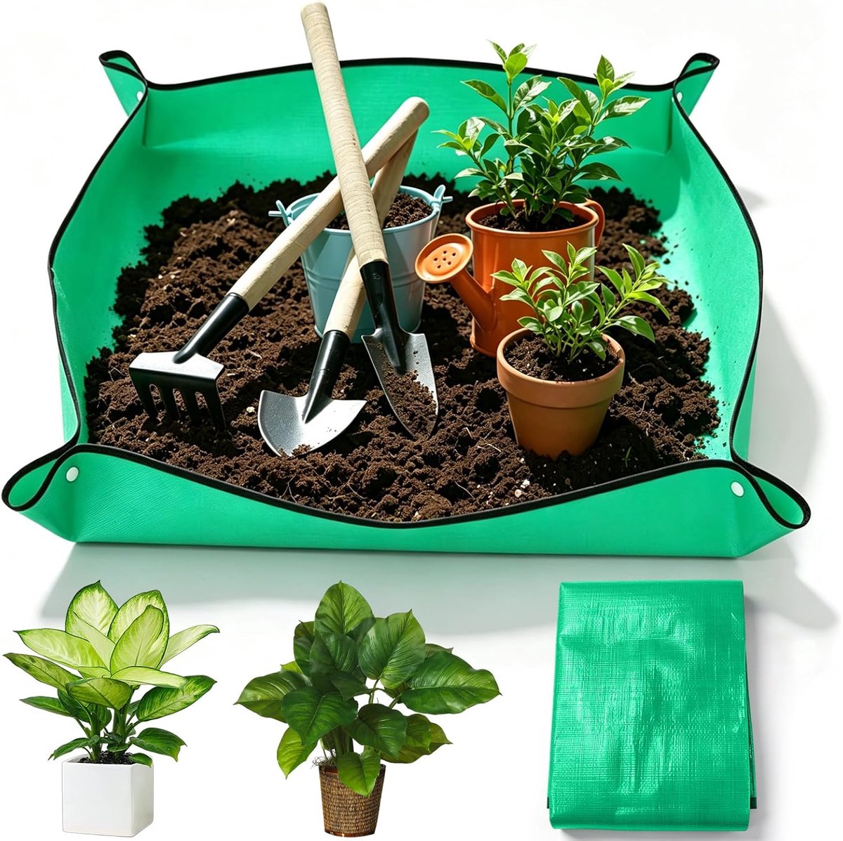1 stuk ombouwmat, 150 x 100 cm, waterdichte plantenmat, plantenonderlegger, opvouwbare tuinmat, plantenomslagmat met drukknopen, tuinbouwbeplanting, verplanten, snoeien, verpotten, groen