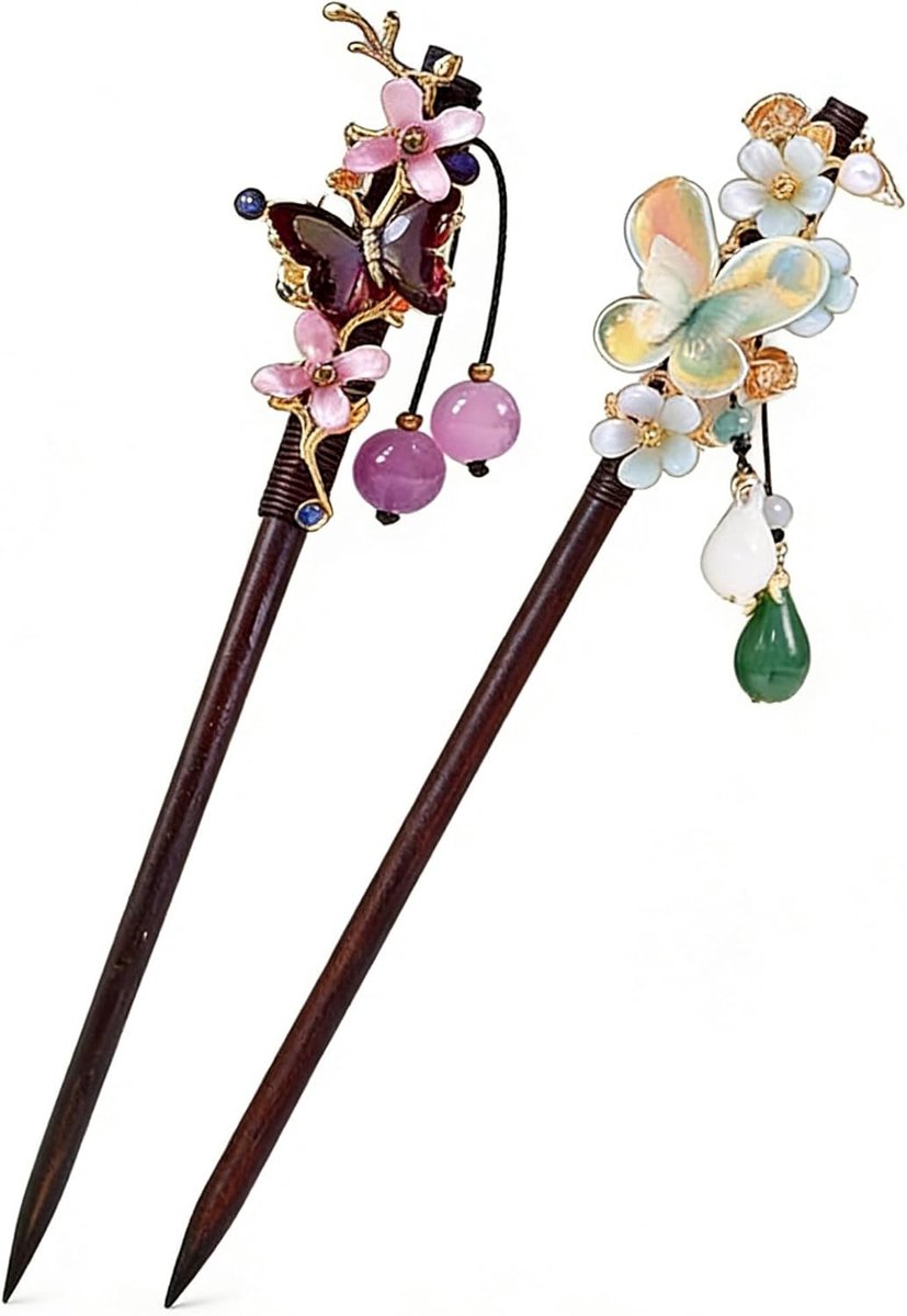 2 stuks Chinese haarstokken, houten bloemen haarspeld vintage Chinese haarstokken, traditionele Hanfu bloem houten haarstok met kraal hangers haarspelden, vlinder haar eetstokjes (B)
