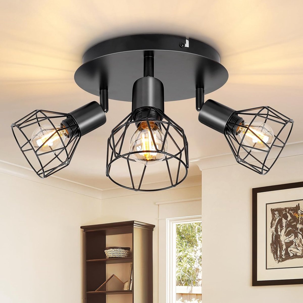 Plafondlamp, spots, draaibaar, zwart, spot, met E14-fitting, plafondlamp, 3 plafondspots, voor binnen, keuken, slaapkamer, woonkamer, max. 40 W zonder lampen