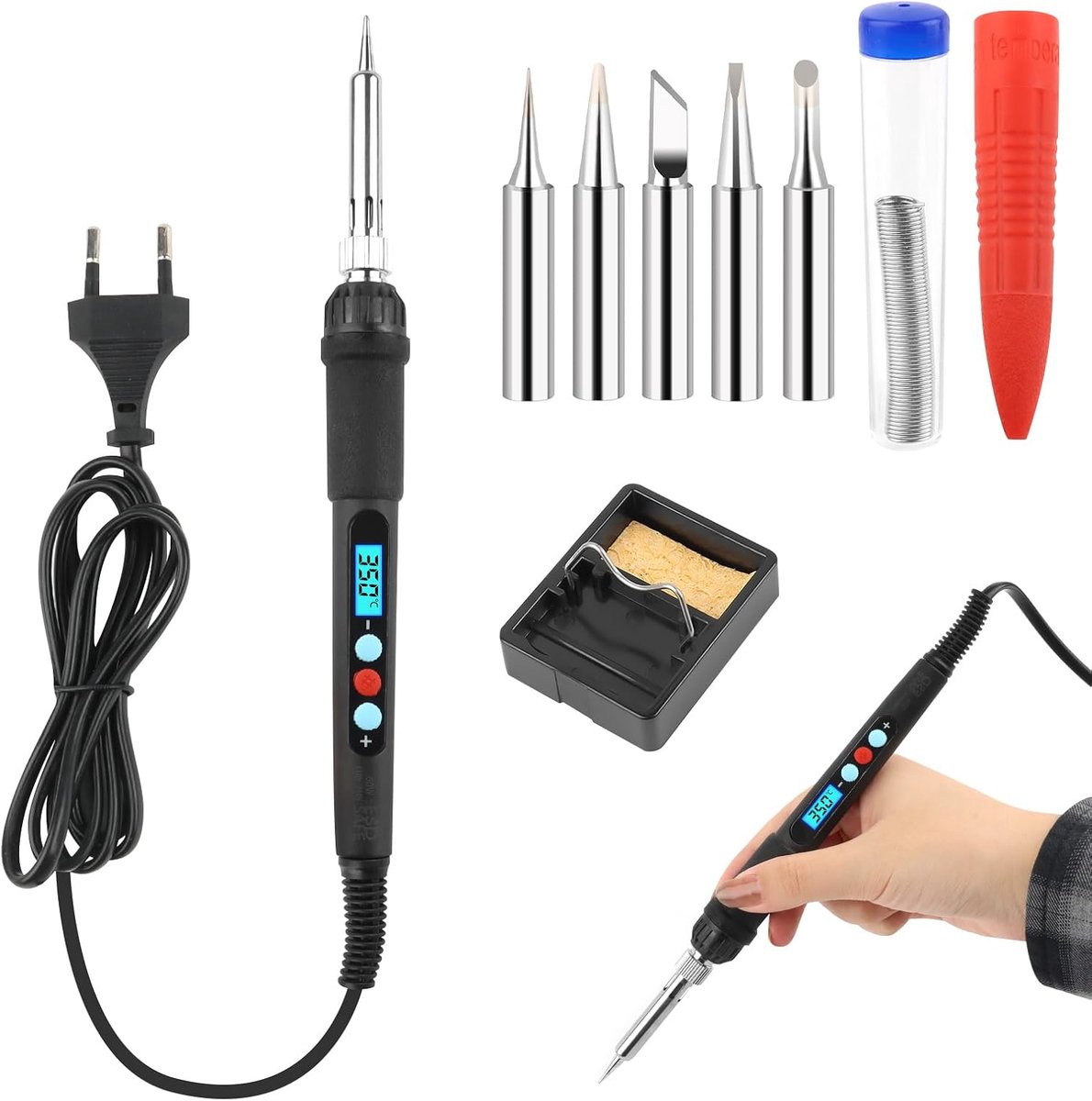 Soldeerboutset, 60W soldeerset met instelbare temperatuur schakelaar 200℃-500℃ met AAN/UIT en 10g soldeerdraad, 5 soldeerpunten, soldeerboutstandaard, kabelgestuurde soldeerbout voor reparatie