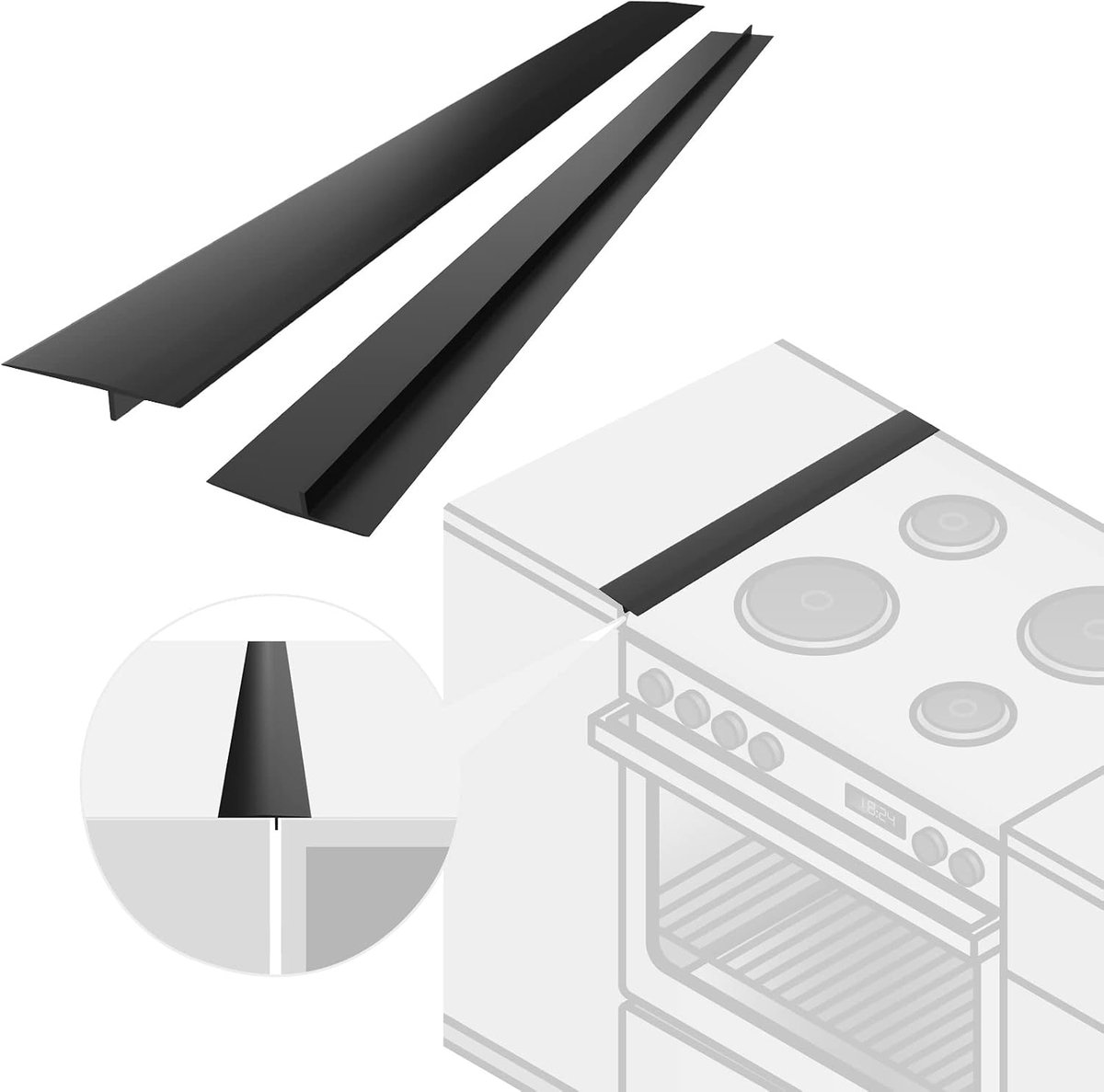 SnelShoppen - Set van 2 Siliconen Afdekstroken voor Fornuis en Aanrecht, 63 cm Kloofvuller, Antislip, Hittebestendig, Zacht Materiaal, Zwart voor Keuk