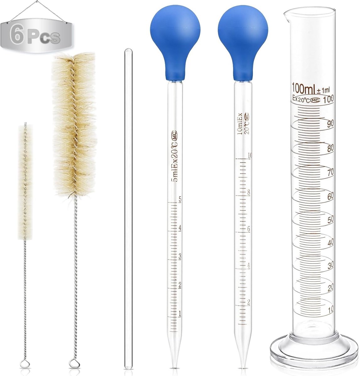 6 stuks transferpipetten 5 ml 10 ml, glazen pipetten, glazen pipetten met borstels en 100 ml maatcilinder, glazen pipetdruppelaar, meetpipet, druppelpipet voor laboratorium, voedselonderzoek, medische