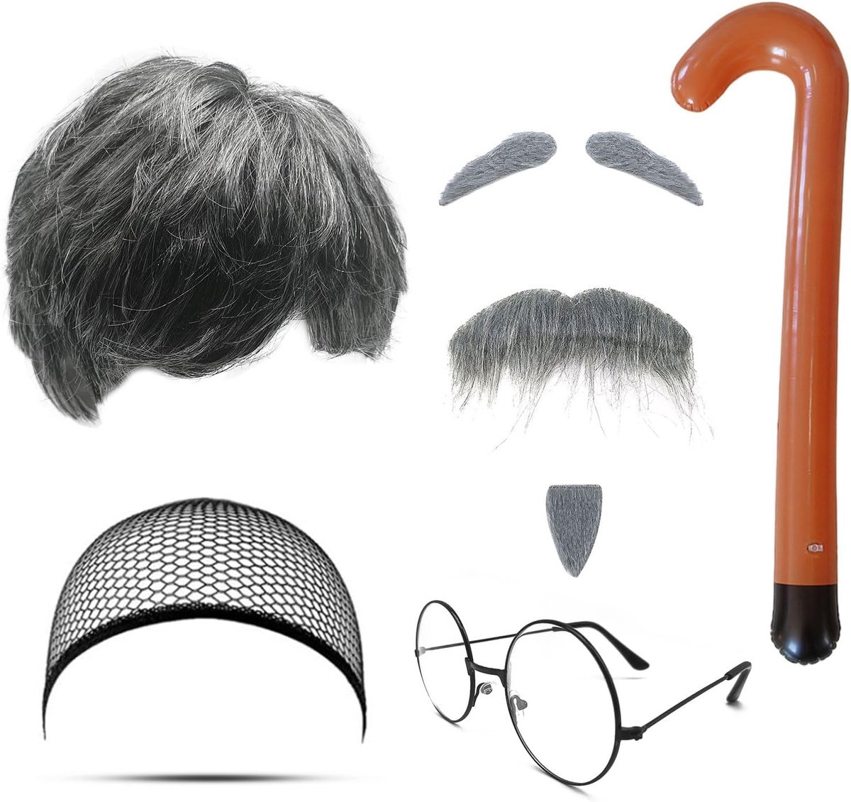 Opa Kostuum Set Man Fancy Dress Opa Pruik Oude Man Pruik Grijze Nepbaard Wenkbrauwen Pruikmuts Bril Opblaasbare Wandelstok Opa Dress Up Mannenpruik Kostuum voor Cosplay Party