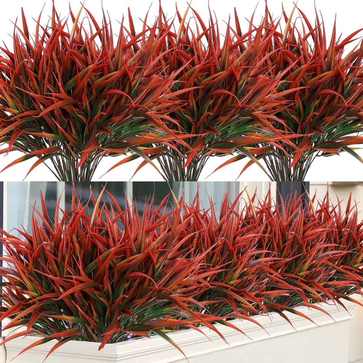8 stuks kunstgras planten buiten nepgras groen stengels UV-bestendig faux plastic planten struiken voor lente zomer huis raam tuin patio doos pad veranda decor (rood)