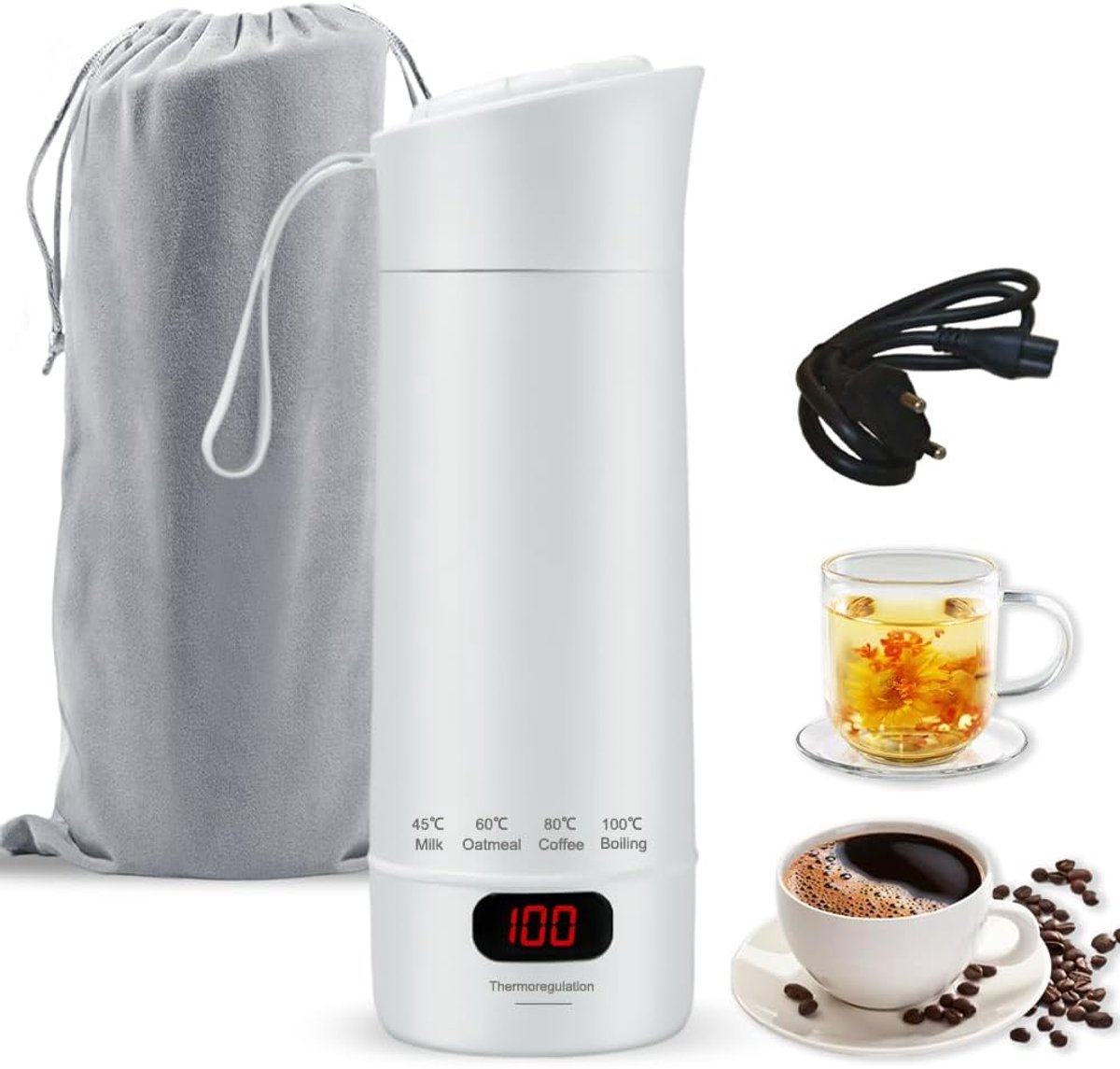 Elektrische waterkoker, 3-in-1 kleine draagbare waterkoker, mini elektrische waterkoker met temperatuurinstelling, automatische uitschakeling, reiswaterkoker voor thee, koffie, babyvoeding