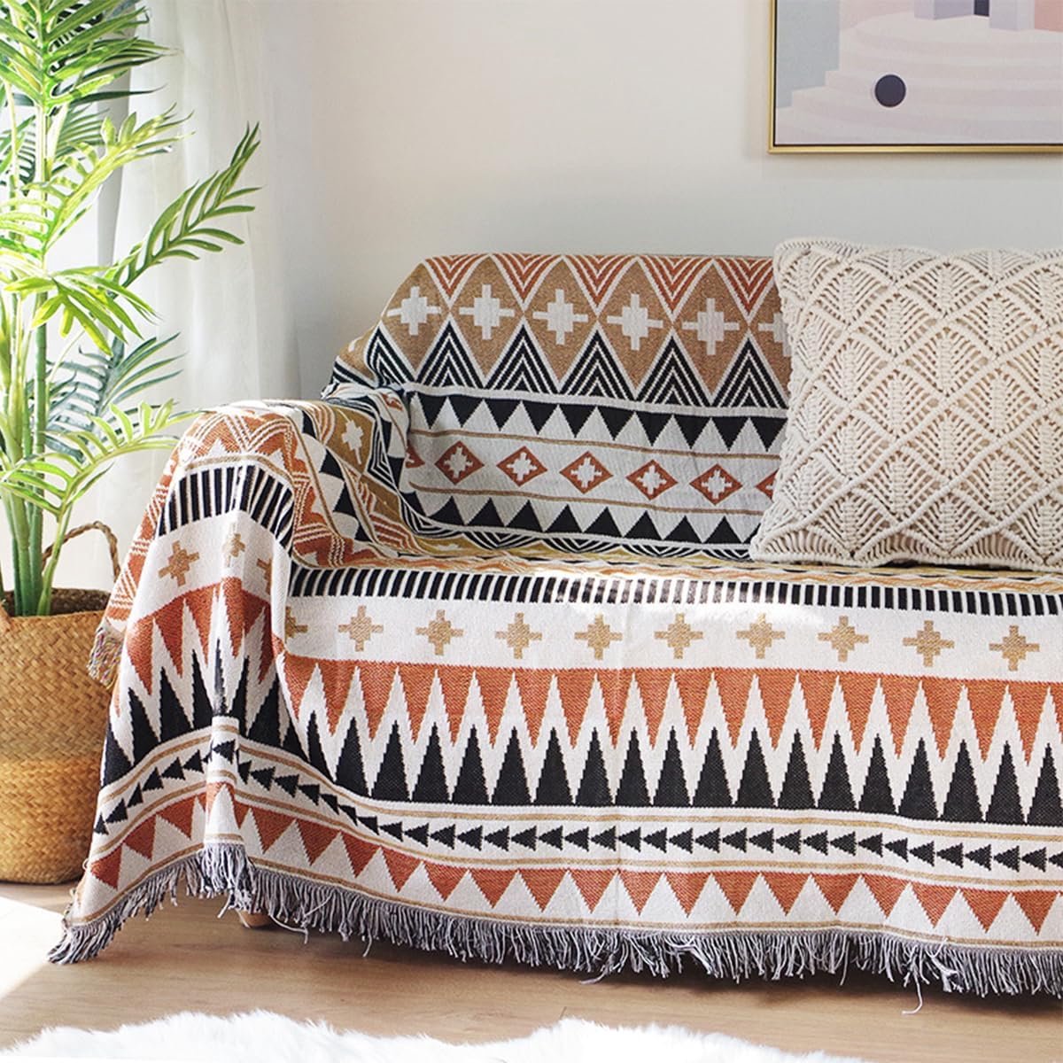 Azteekse Navajo Gooi Deken Katoen Geweven Deken met Kwast Tribal Etnische Stijl Geometrisch Patroon Dubbelzijdige Decoratieve Gooi voor Bed Bank Stoel Wandtapijt Tafelkleed Vloerkleed