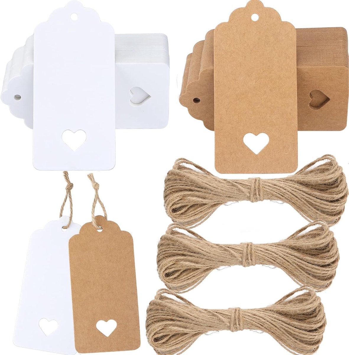 Kraftpapier etiketten 9,5 x 4,5 cm met jute koord, voor huwelijksgeschenken, kerstcadeaus, feestgeschenken (100 stuks bruin + 100 stuks wit)