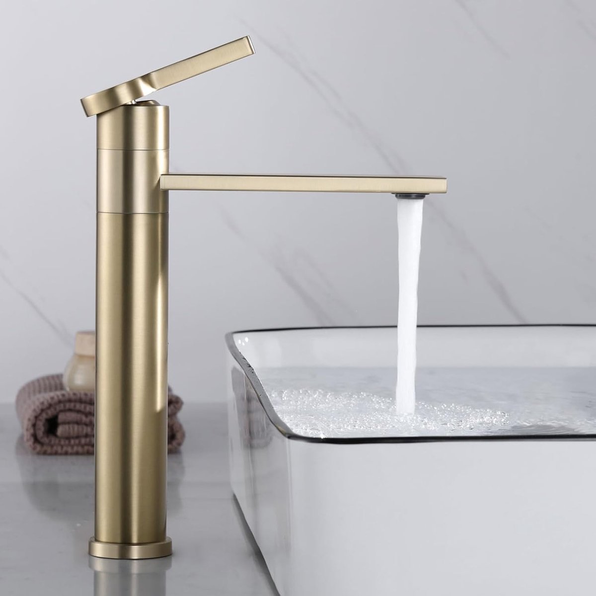 wastafelmengkraan, hoge armatuur, eengreepsmengkraan voor badkamer, 360° draaibaar, badkamerkraan geborsteld goud waterkraan, M4OK-T
