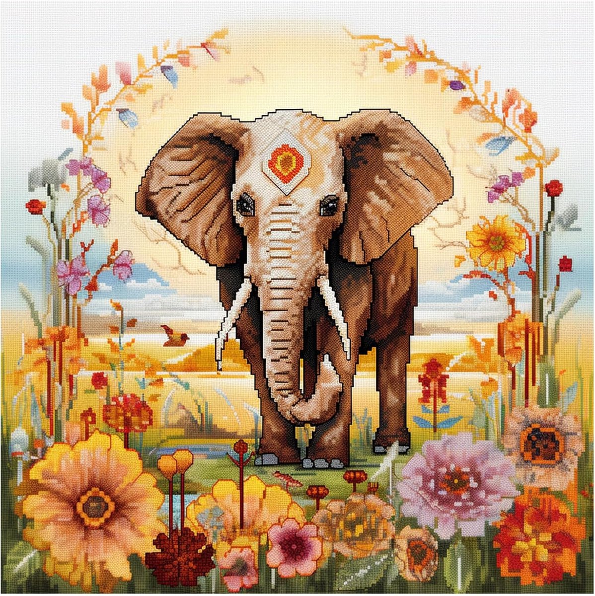 cukol cukol Kruissteekkits voor volwassenen - 11CT olifant voorbedrukte gestempelde kruissteekpatronen, geavanceerde borduurset voor beginners, 45 x 45 cm, doe-het-zelf kruissteekambachten voor
