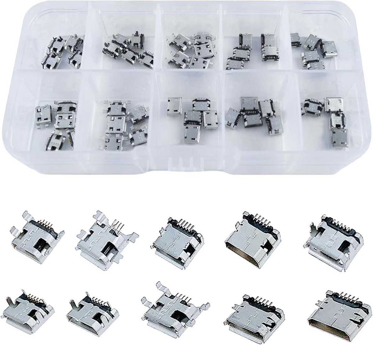 50 stuks micro-USB-stekkers, 5-pins DIP 180 graden, 10 modellen, 5 stuks van elk type connectorset voor telefoon, soldeer-reparatie, USB-vervangende adapter