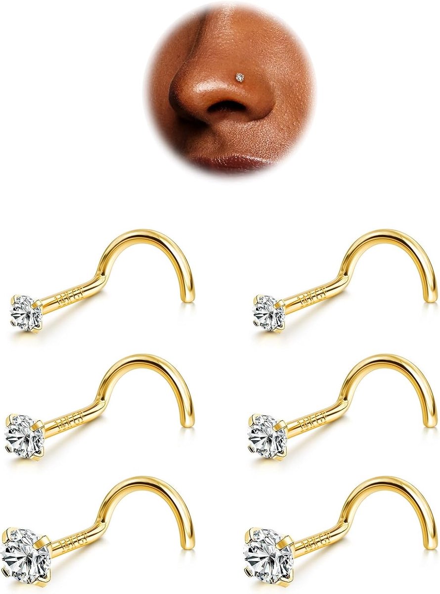 6 Stuks Neus Studs - 316l Chirurgisch Staal Kurkentrekker Neusringen 18g/20g/22g Neus Piercing Stud 1.5/2/3 mm CZ Schroef Neusringen Studs Neusgat Piercing Sieraden Voor Vrouwen Mannen