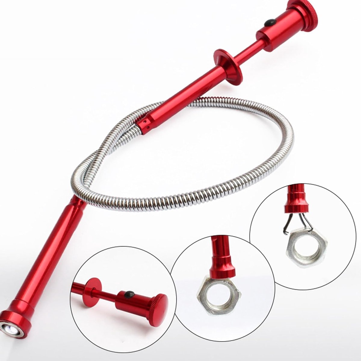 62 CM/24” Rode Magnetische Vierbek Pickup Met Licht, Buigbare Slang, Flexibele Grijper Pickup Reacher Tool, Plug Ontstopper Haar Gereedschap, Riool Schoonmaak Haak Vanger