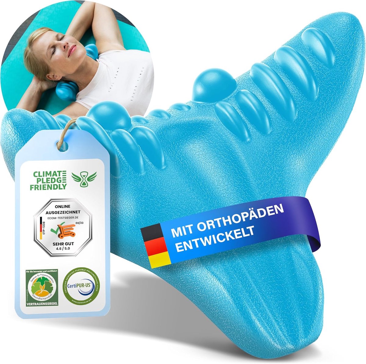 Nekstretcher, cervicaal tractieapparaat voor nekpijnverlichting en schouderrelaxer, met orthopedisch wolkkussen en houdingscorrector (blauw)